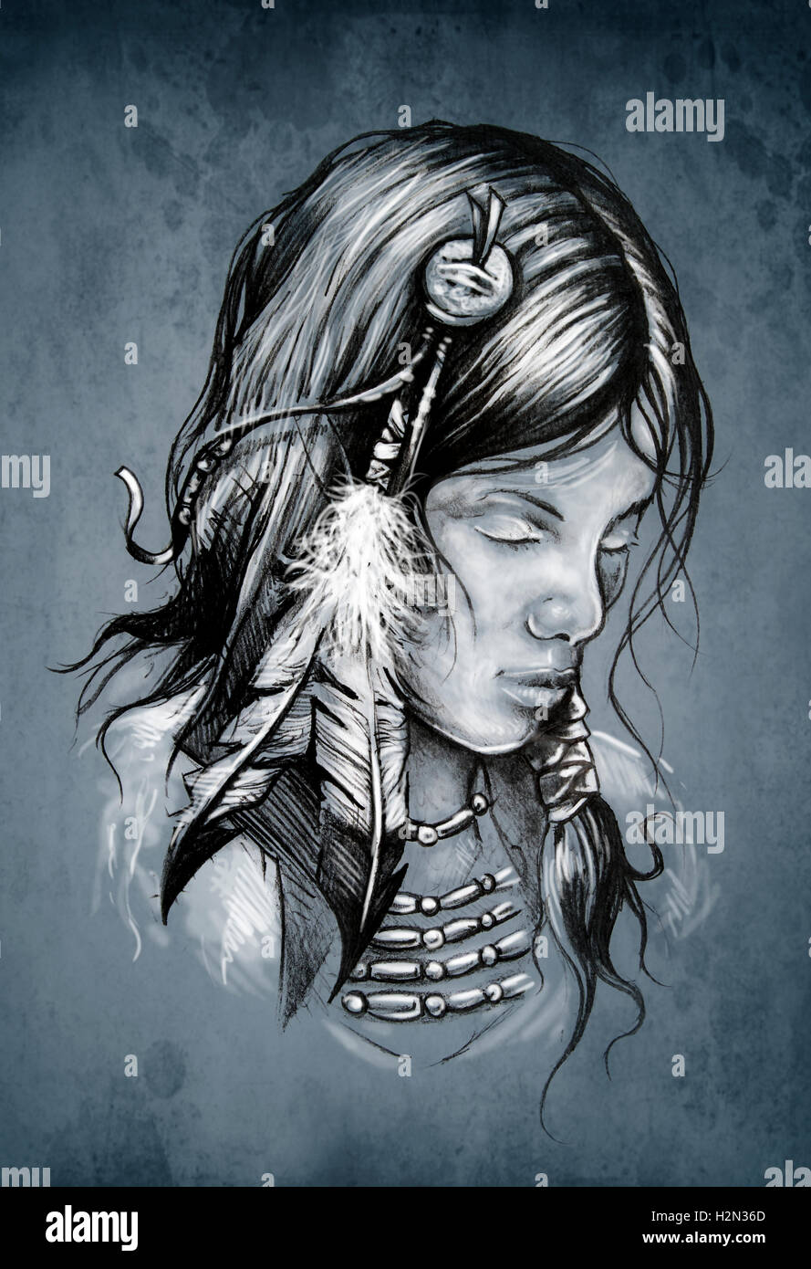 American indian woman, Tattoo sketch, handmade design over vinta Stock Photo