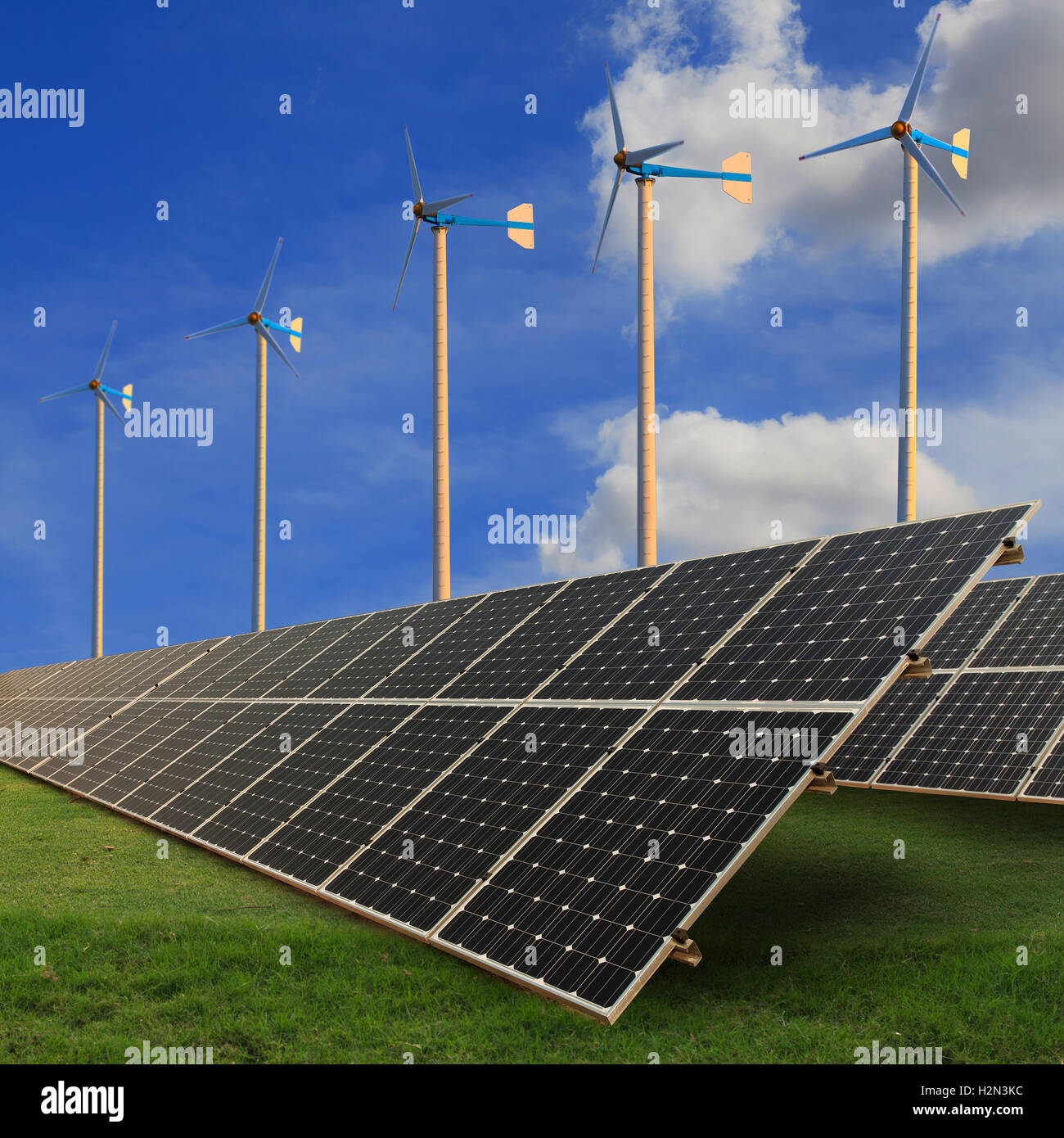 Solar panels on green field Stock Photo