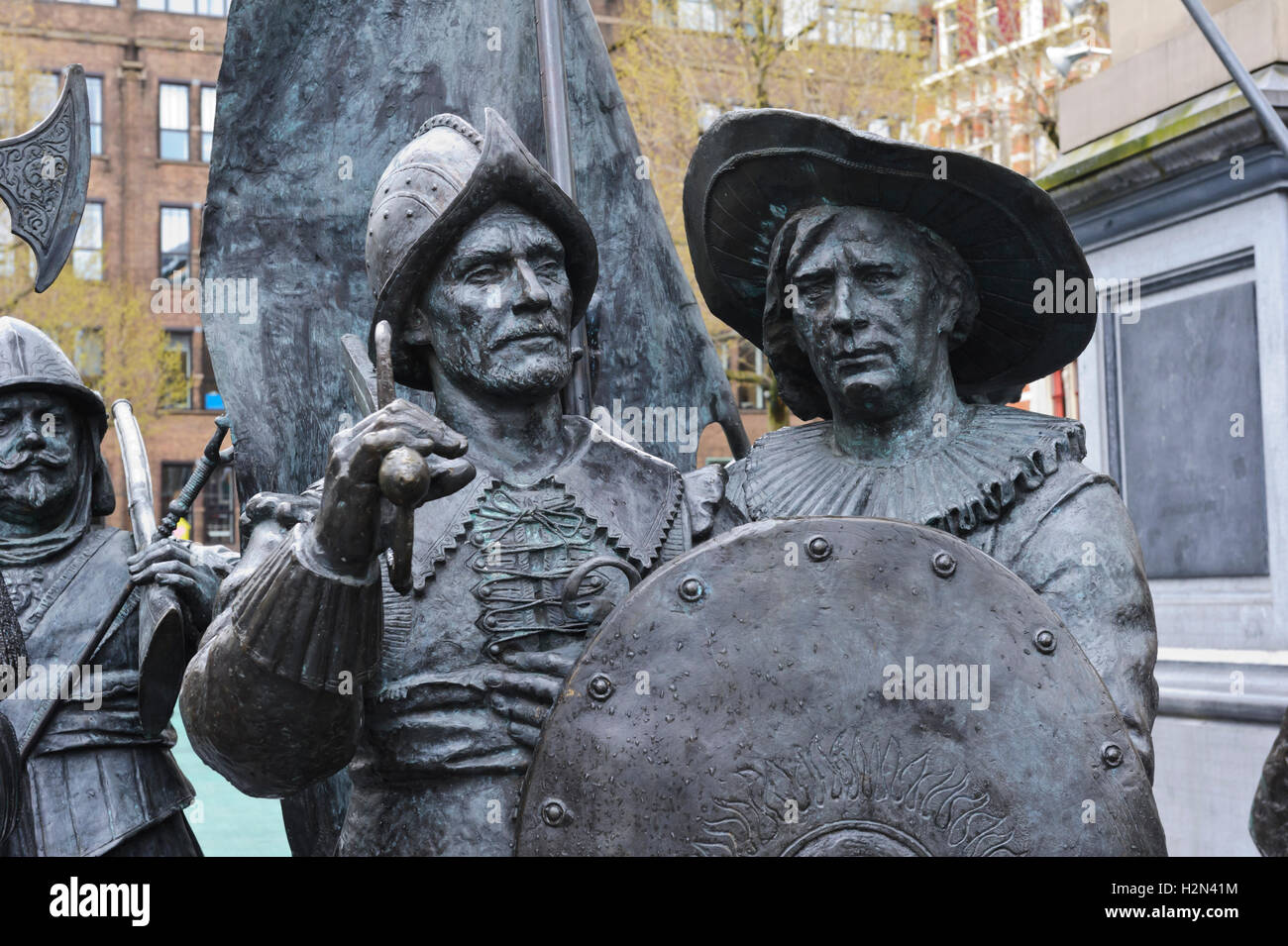 Period bronze soldiers in armour in Rembrandt Square in Amsterdam