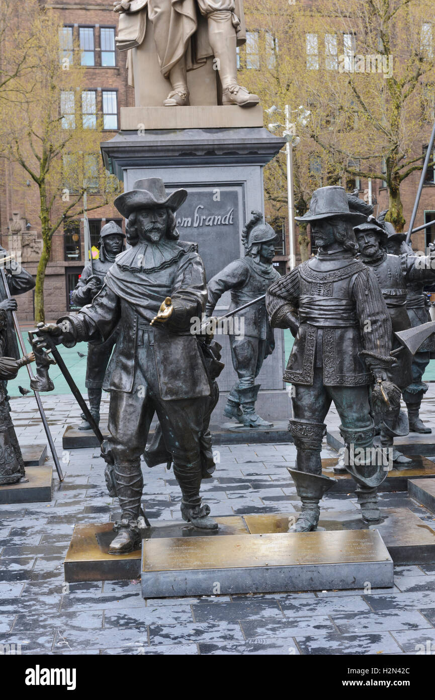 Period bronze soldiers in armour in Rembrandt Square in Amsterdam