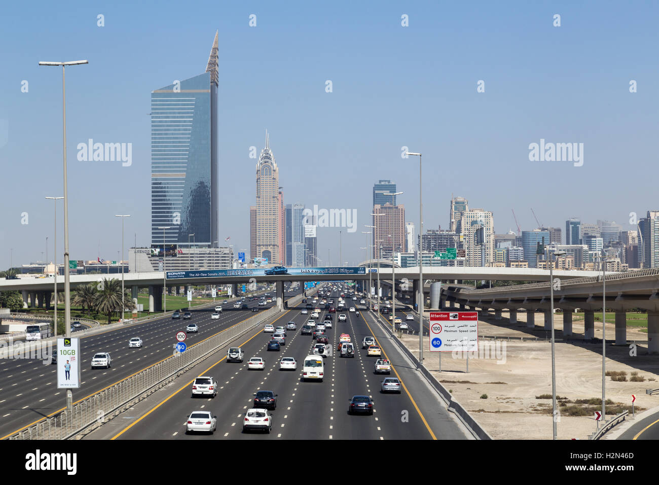 Dubai highway with skyline Stock Photo