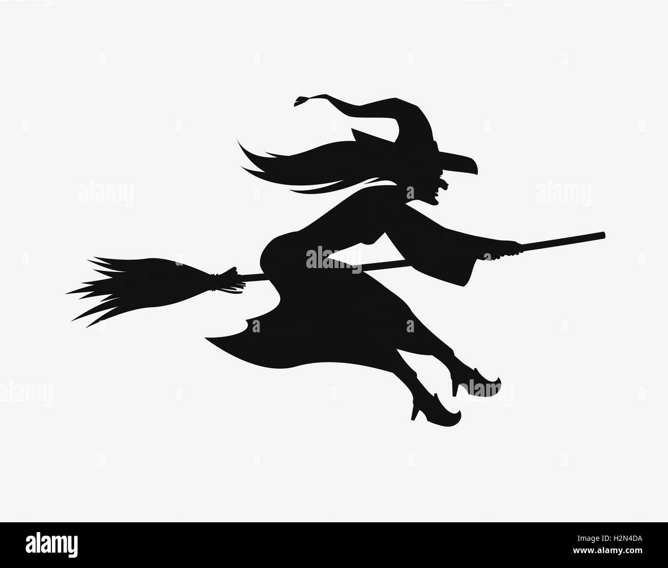 Witch on a broomstick. Black silhouette. Halloween vector symbol Stock Vector