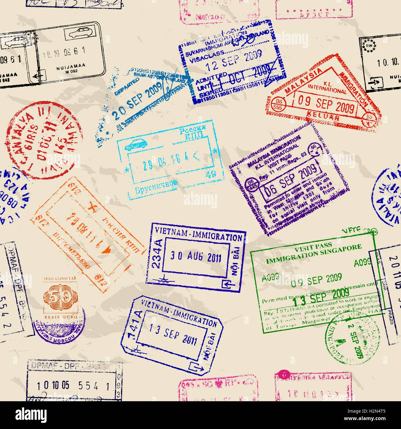 Seamless texture with real visa stamps. Stock Vector