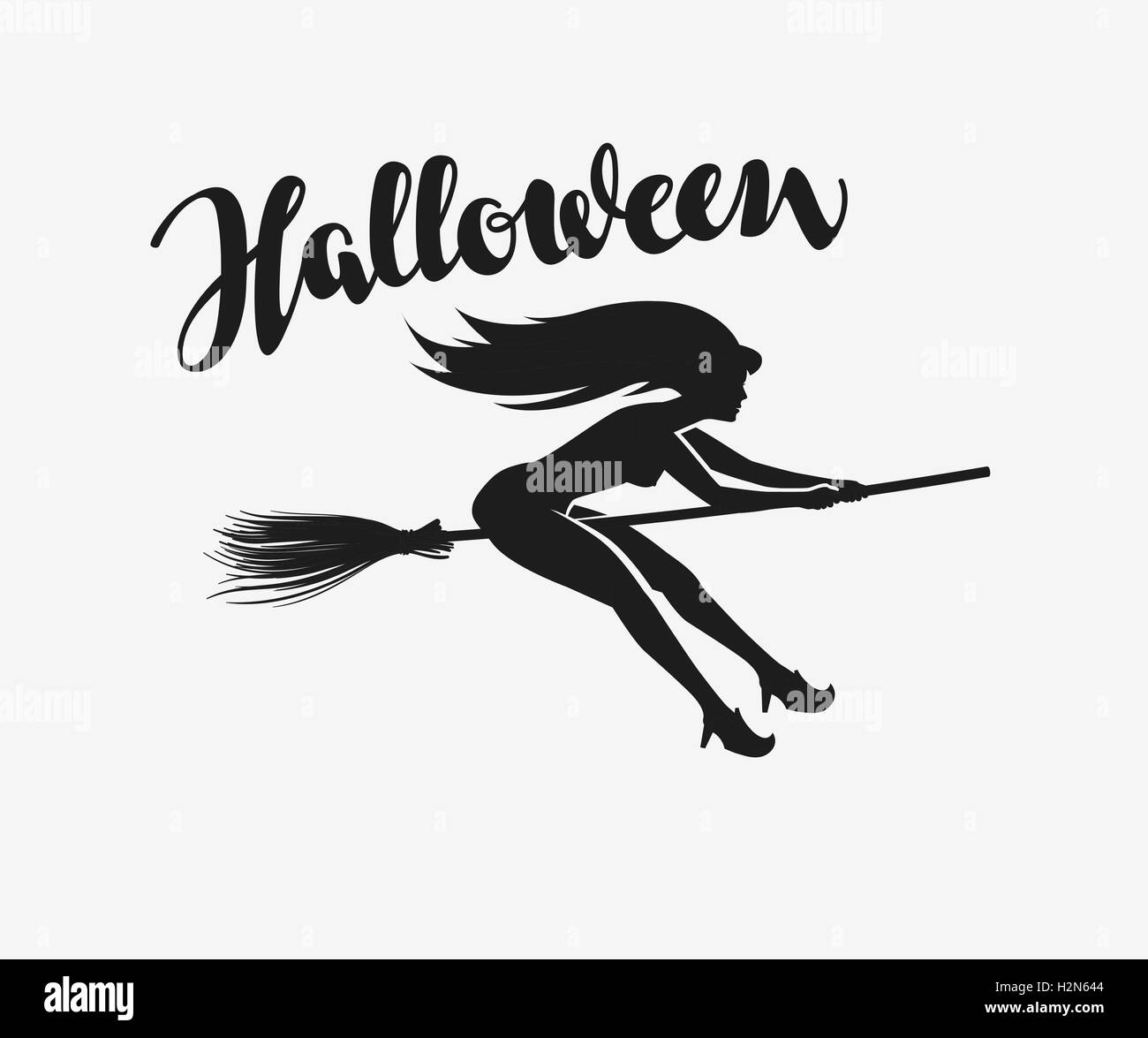 Halloween. Silhouette beautiful young witch flying on a broomstick Stock Vector
