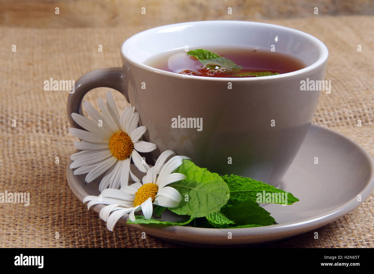 cup of tea with daisies Stock Photo Alamy