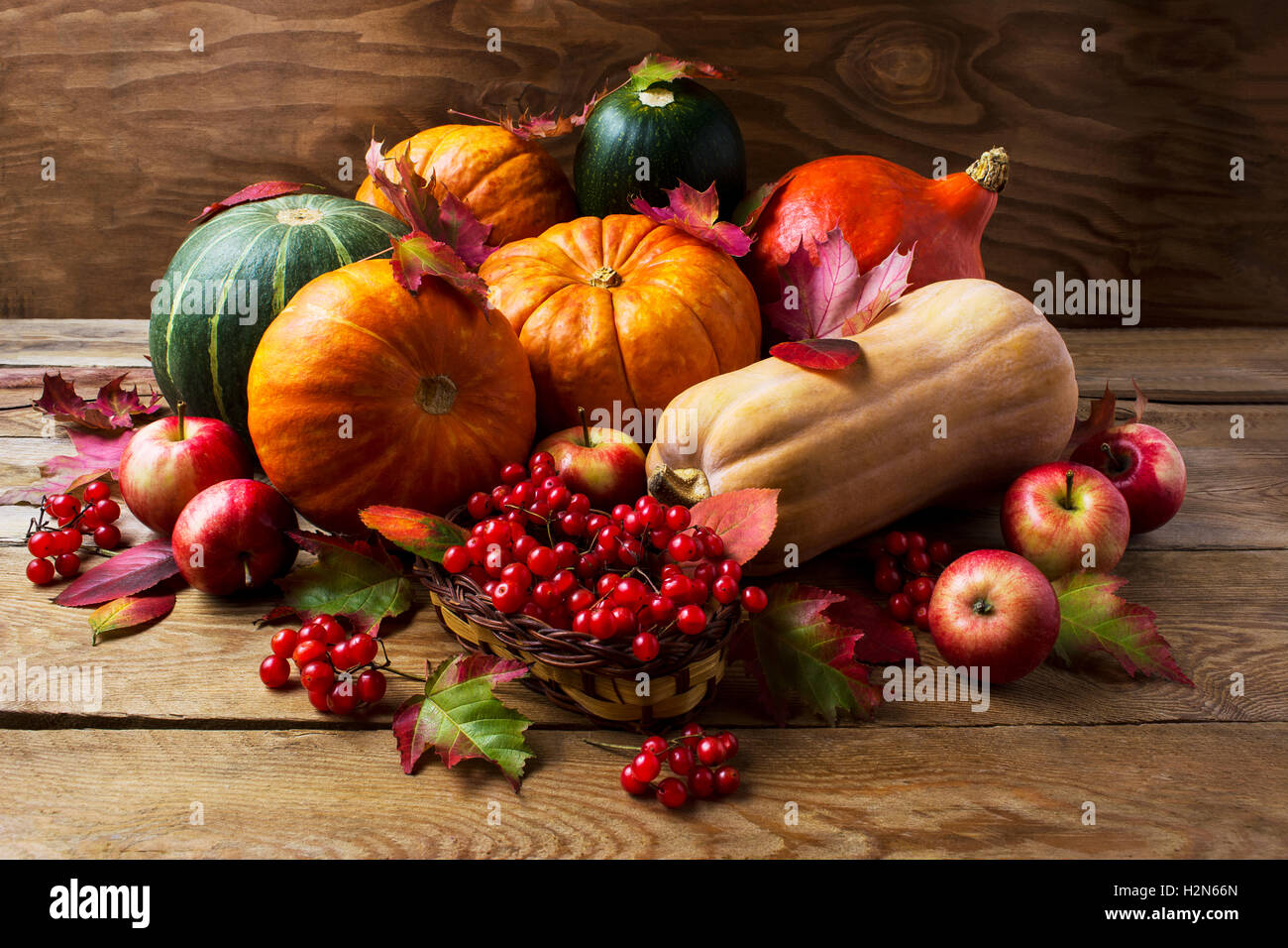 Fall concept with pumpkins, apples and berries. Thanksgiving background ...