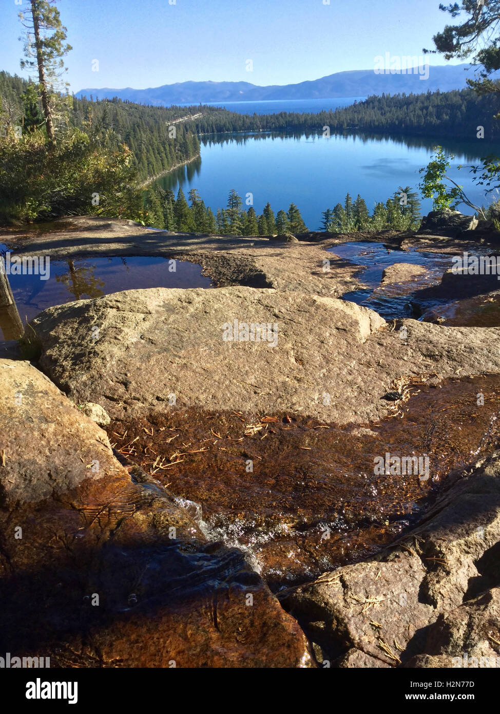The view at Cascade falls looking down towards Cascade Lake and Lake