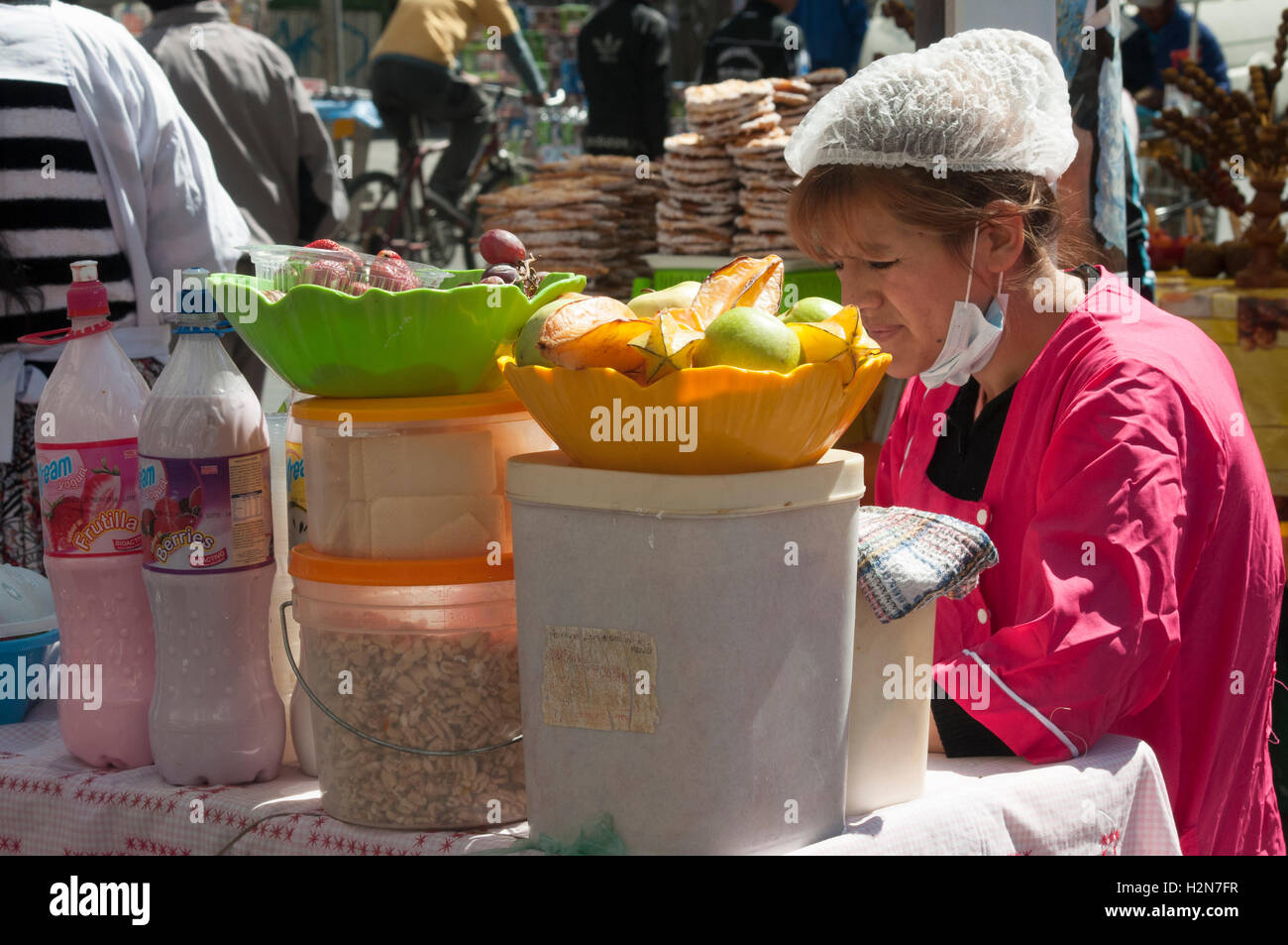 Fruit juice stall on the Day of the Pedestrian in La Paz, Bolivia, with motor traffic banned. Stock Photo