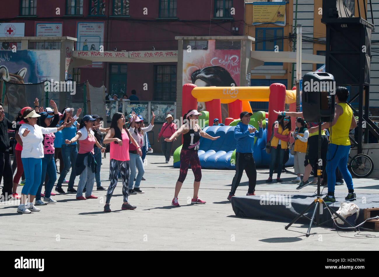 Community fitness activities on the Day of the Pedestrian in La Paz, Bolivia, with motor traffic banned. Stock Photo