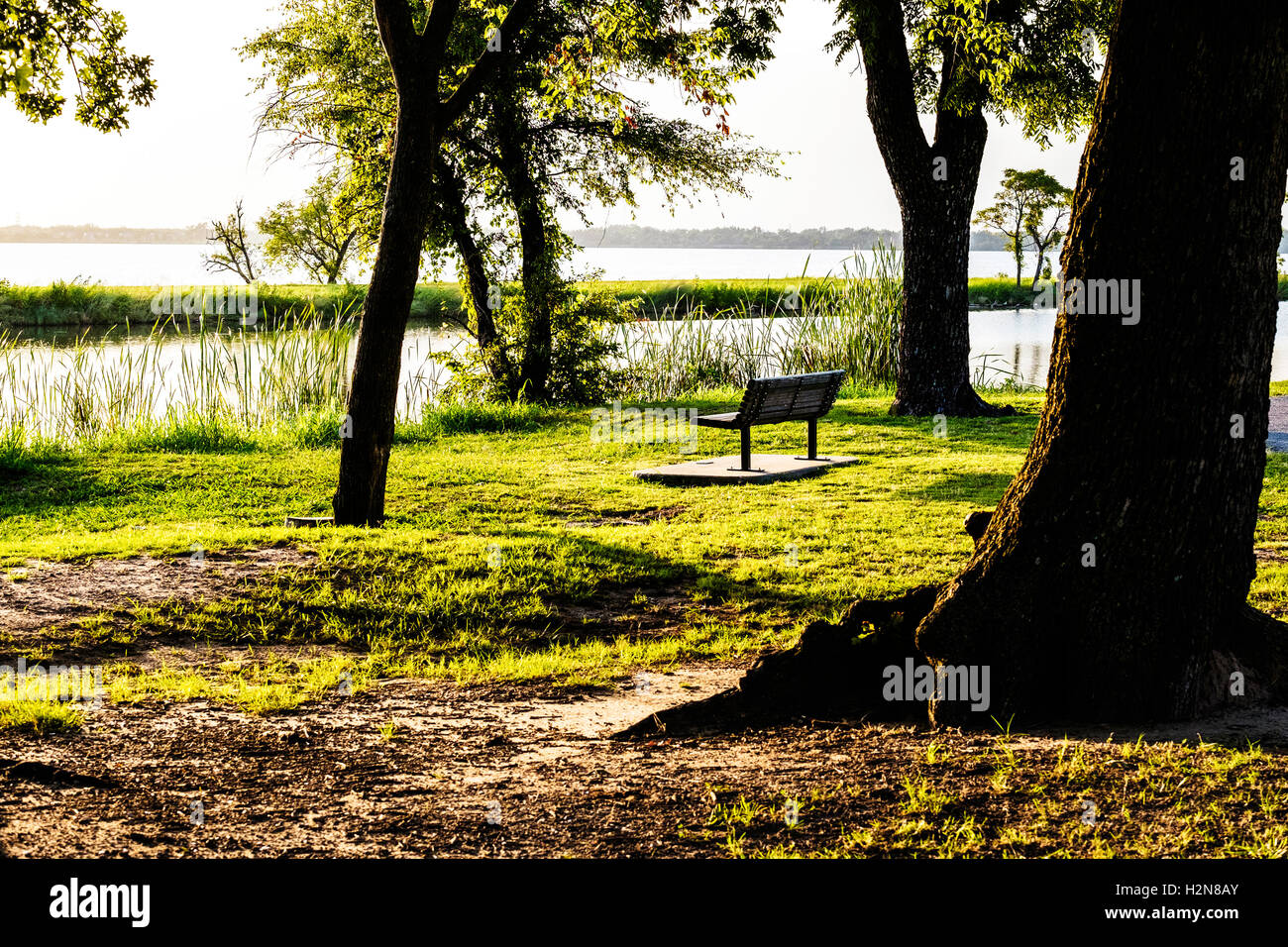 A landscape of a park bench in evening light near the North Canadian river and Overholser lake in Oklahoma City, Oklahoma, USA. Stock Photo