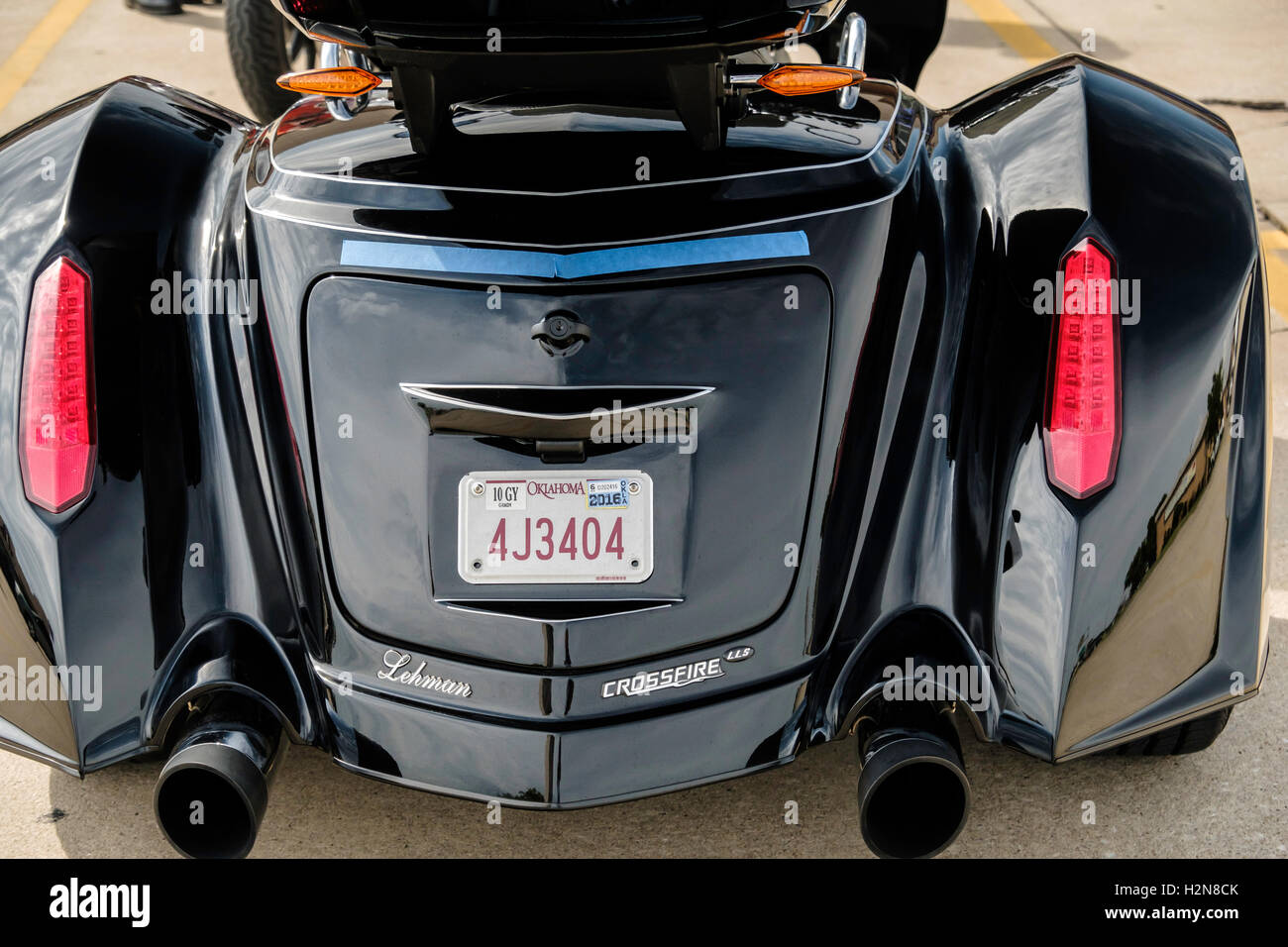 The rear view of an American made Victory three wheeled motorcycle. Stock Photo