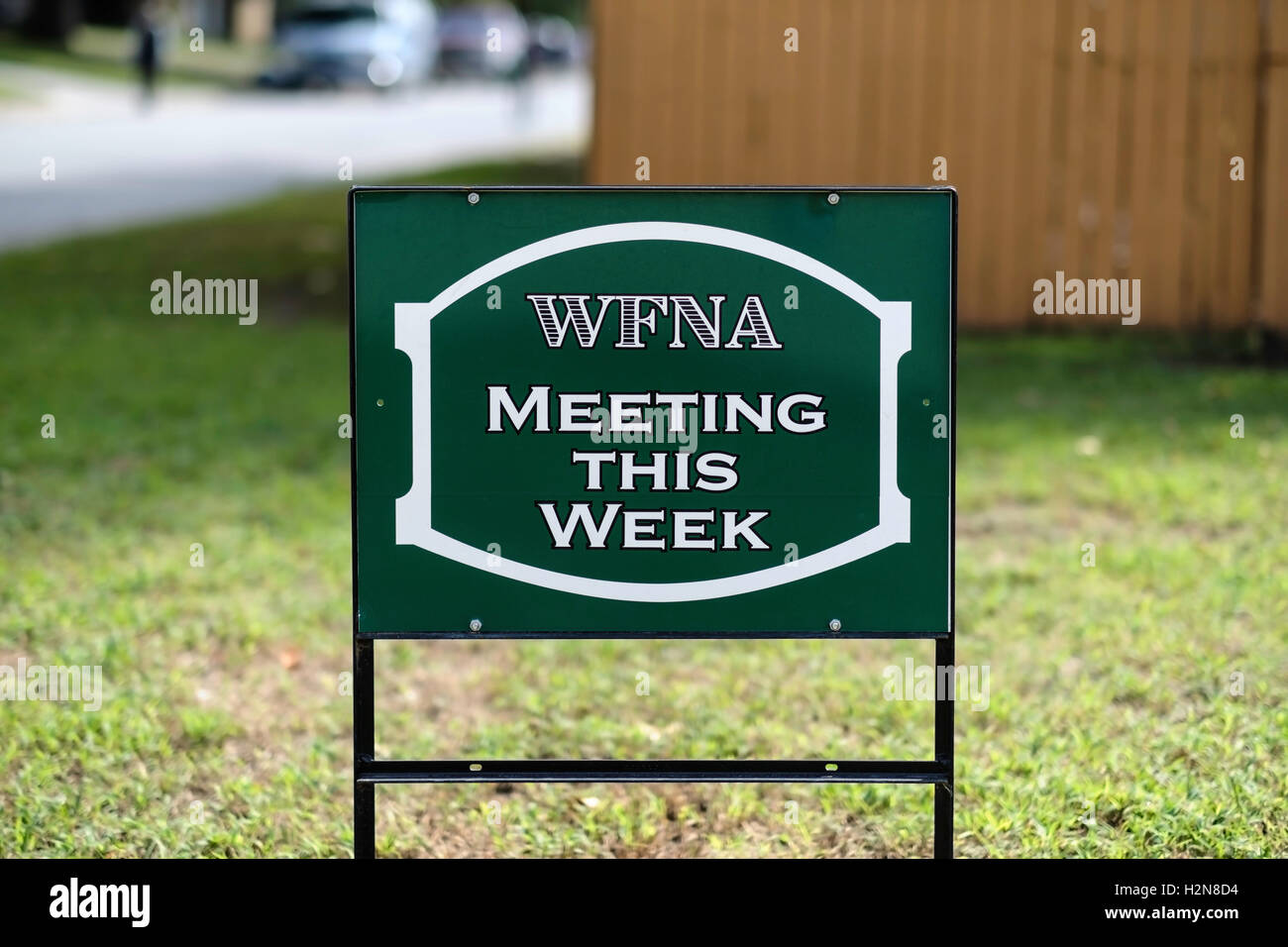 A neighborhood watch association sign advertising a meeting. Oklahoma City, Oklahoma, USA. Stock Photo