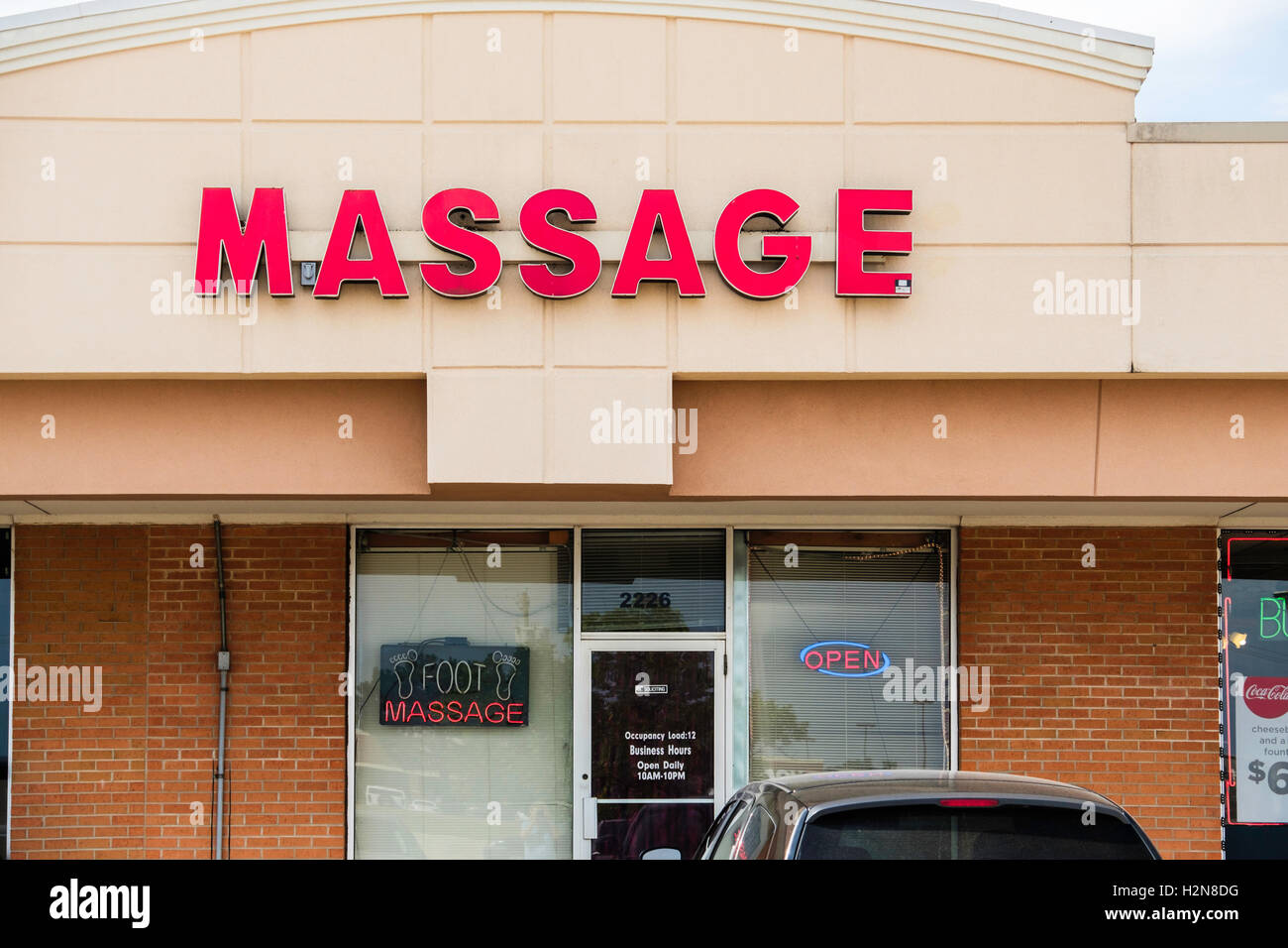 The exterior of a Massage parlor at 2226 W. Interstate 240 service road, Oklahoma City, Oklahoma, USA. Stock Photo