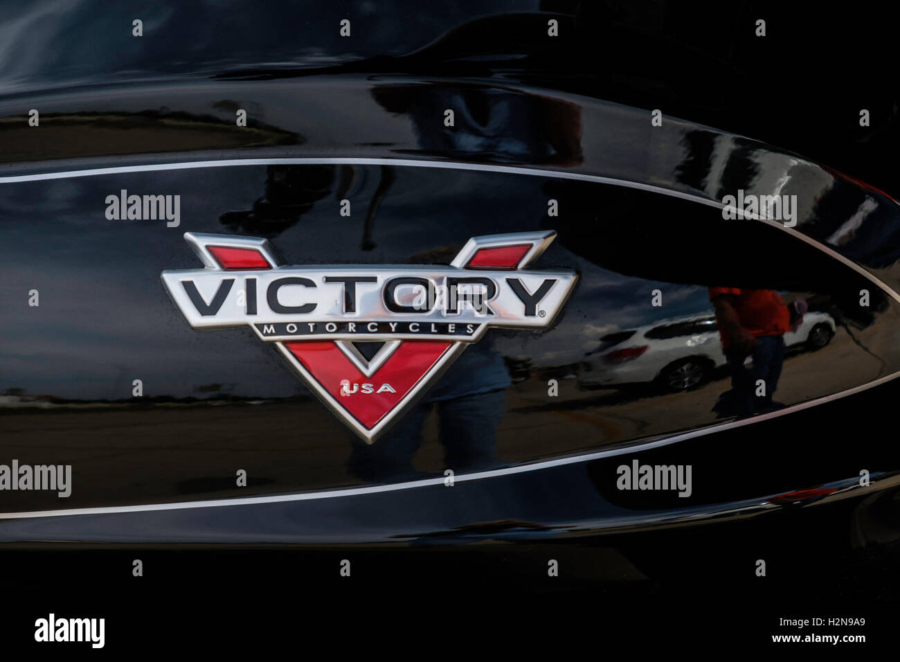 A closeup of the logo of an American made Victory three wheeled motorcycle. Stock Photo