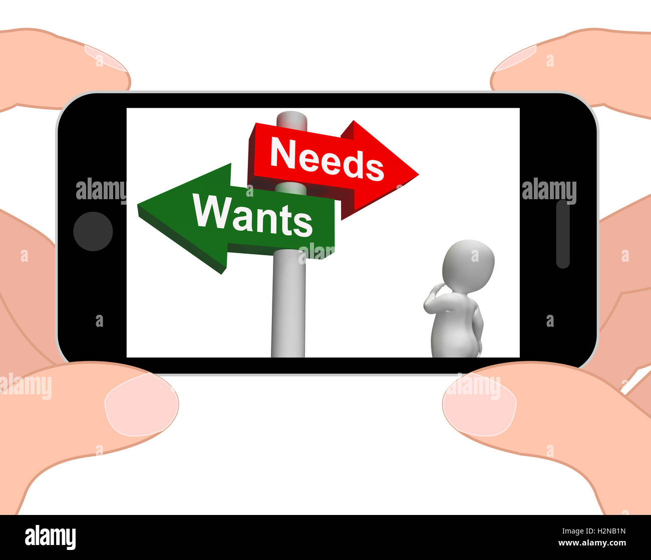 Wants Needs Signpost Displaying Materialism Want Need Stock Photo - Alamy