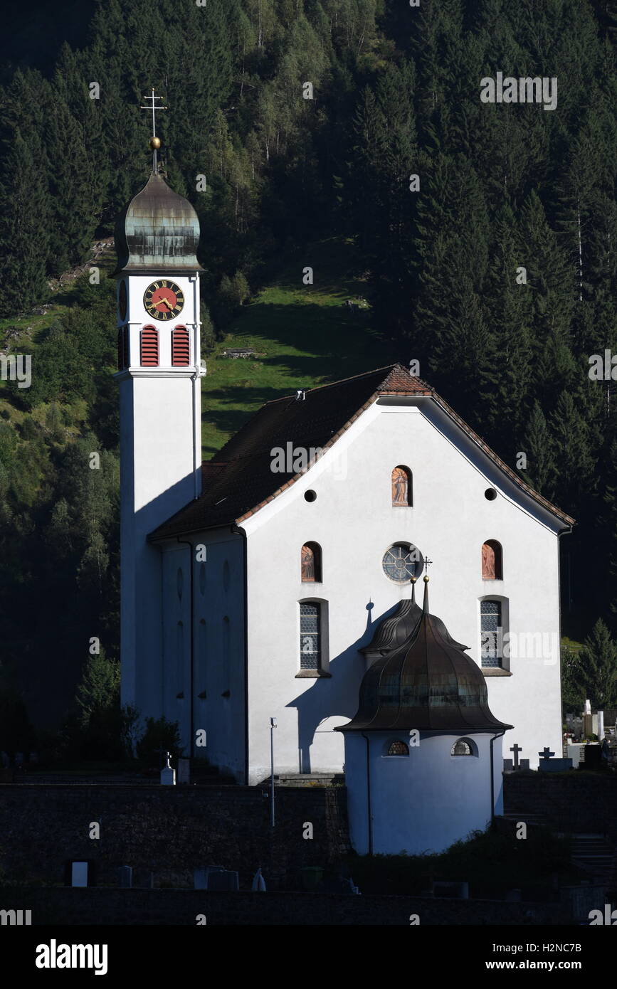 Beautiful church of Wassen on the Swiss alps Stock Photo