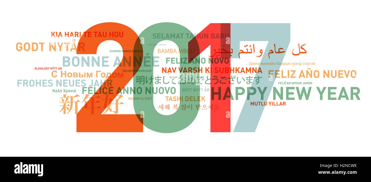 Happy new year from the world. Different languages celebration card Stock Photo