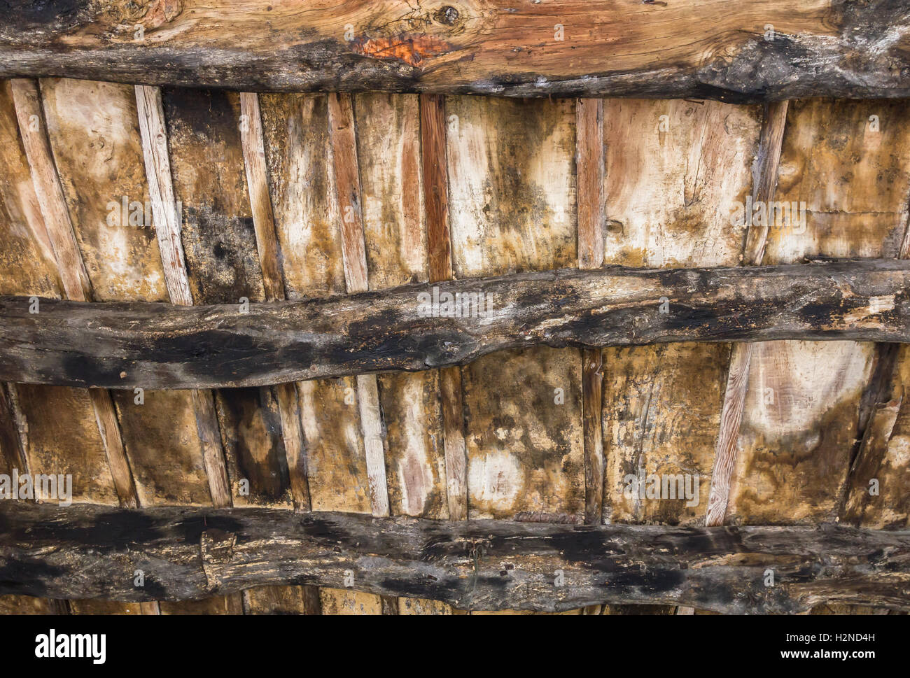 Old Wood Ceiling With Beams On Timber Background Stock Photo