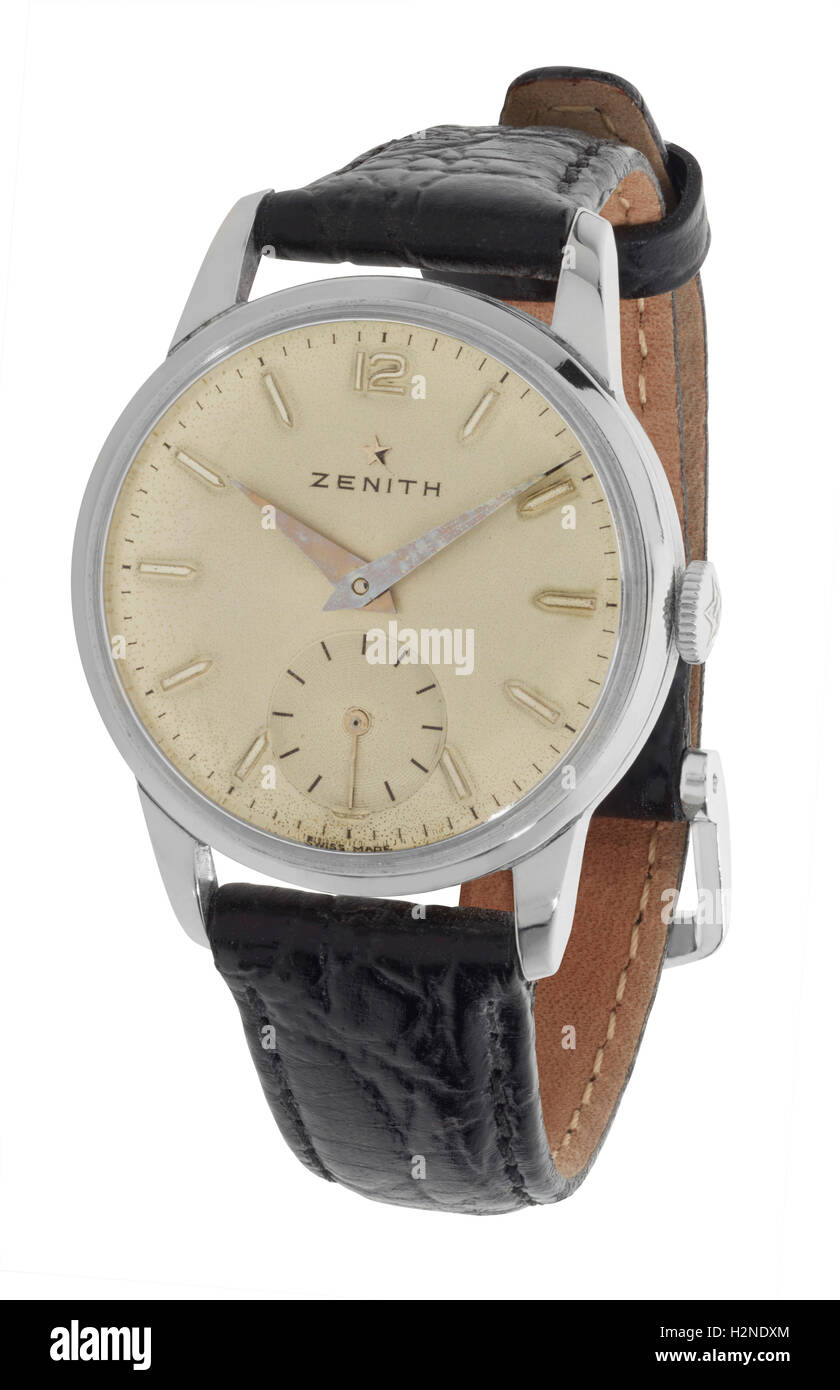 Retro mans Zenith watch with leather strap Stock Photo