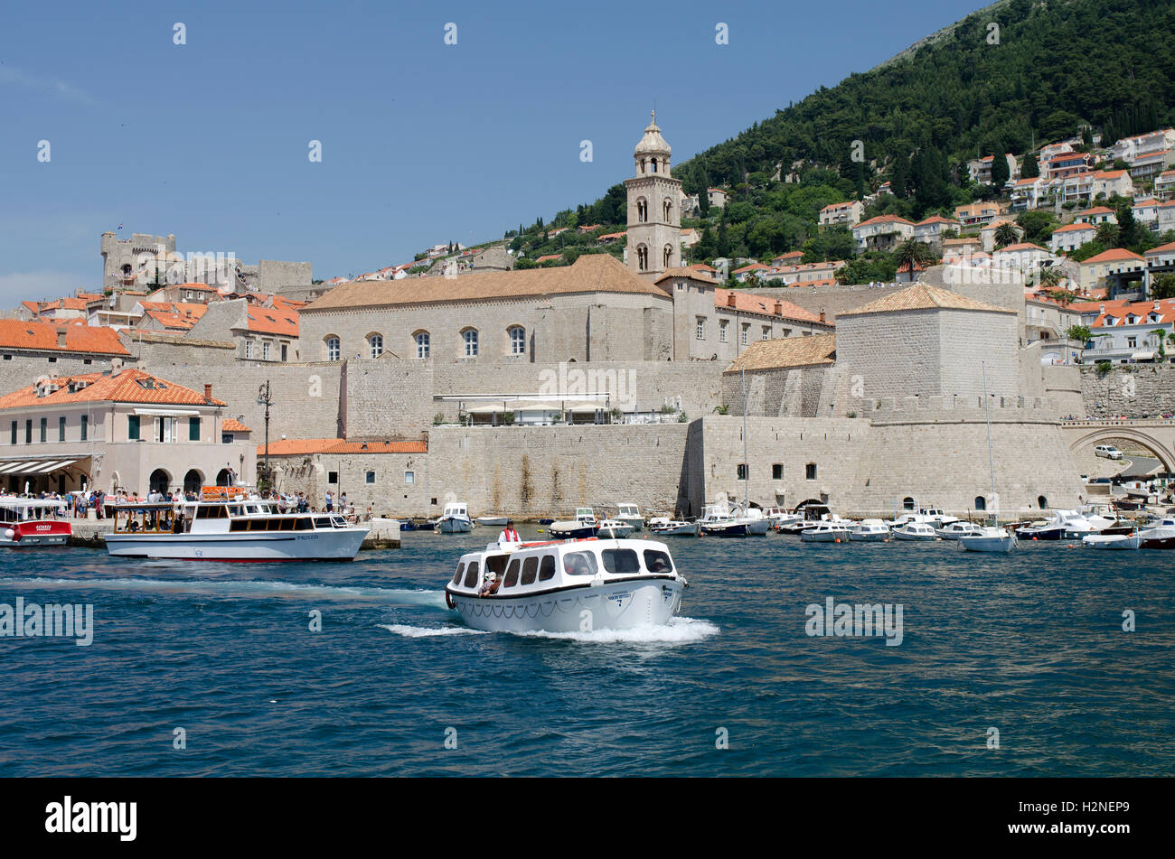 Dubrovnik Croatia - A tender boat with cruise ship passengers leaving ...