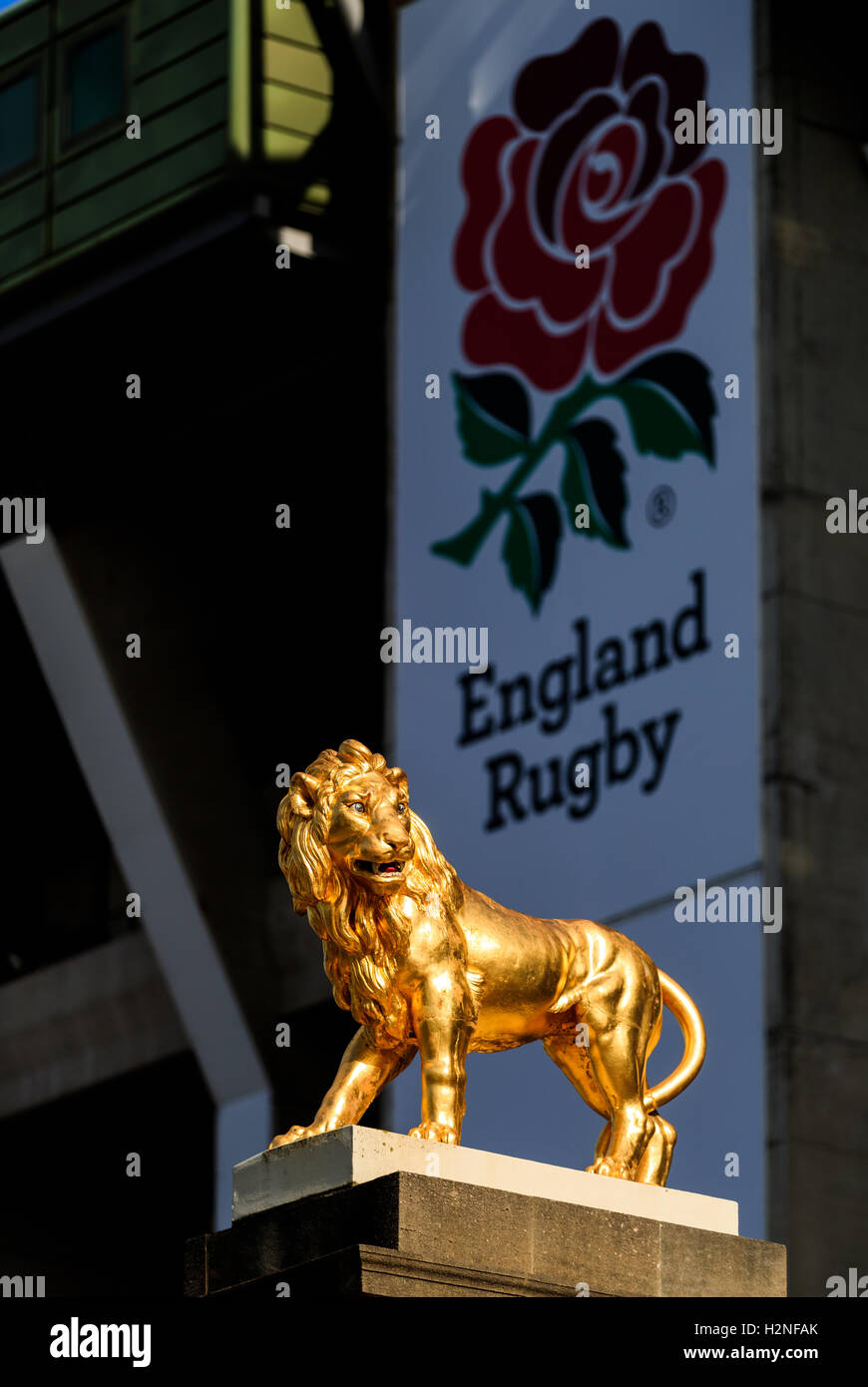 The golden lion statue outside twickenham stadium hires stock