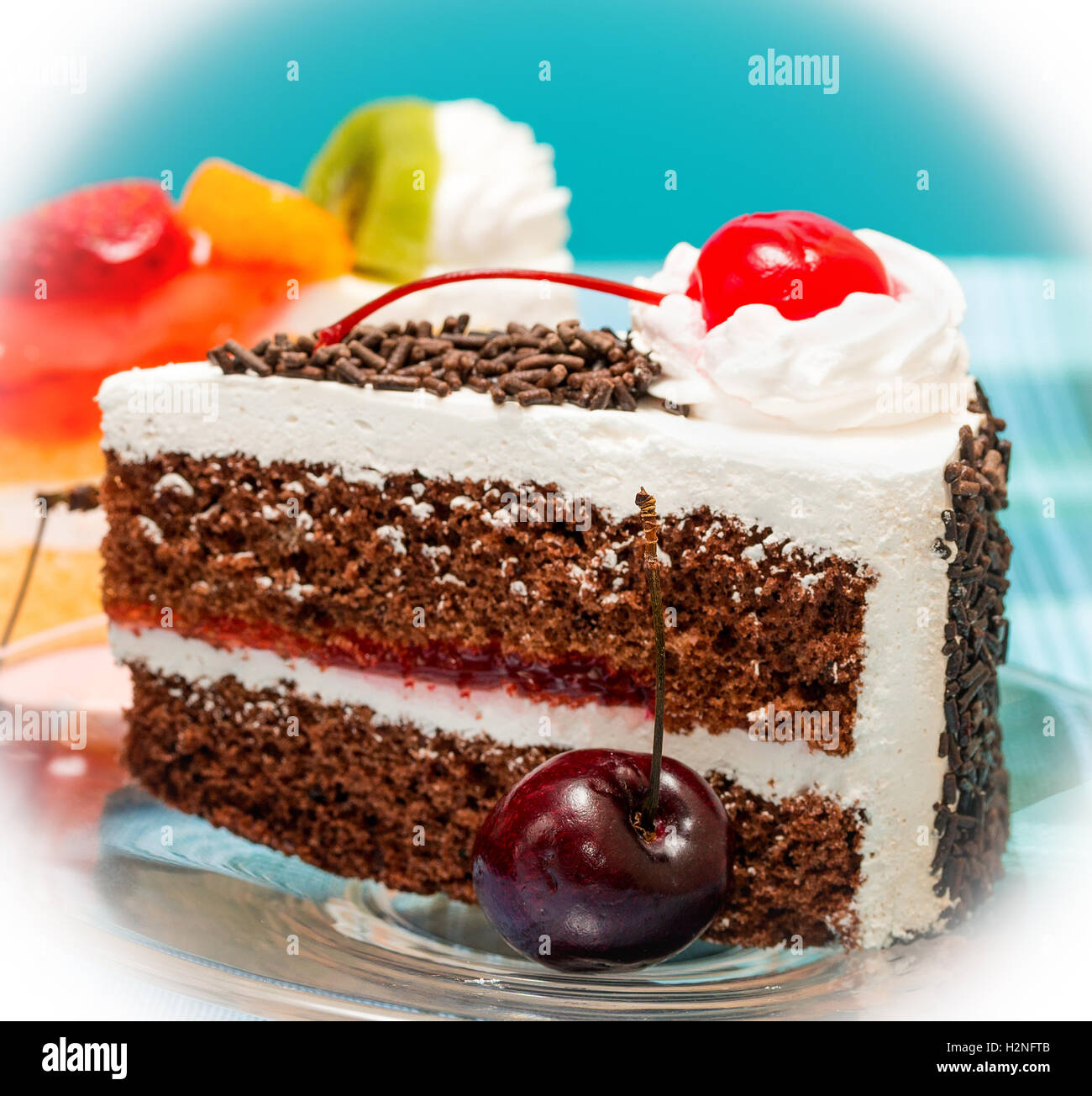 Black Forest Gateau Representing Chocolate Cake And Cream Stock Photo