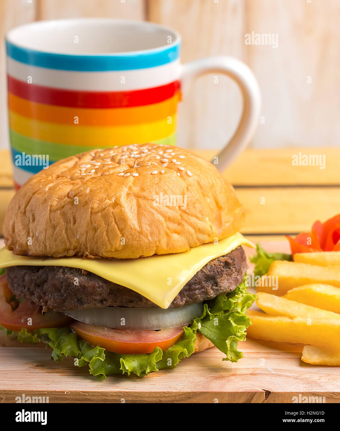 Chips With Burger Indicating Fast Food And Beef Stock Photo Alamy
