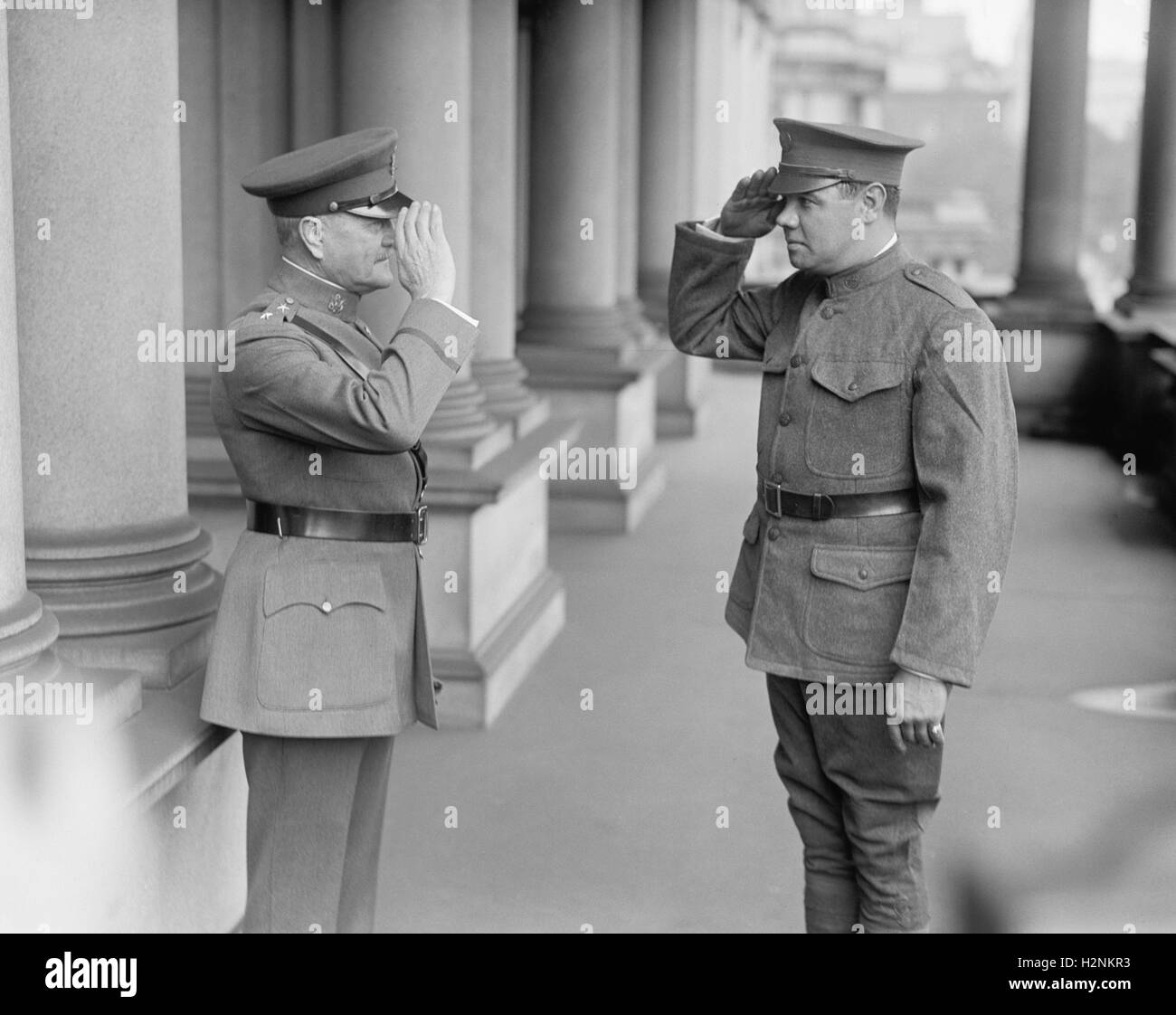 U.S. General John J. Pershing and New York Yankees Baseball Player Babe Ruth, Saluting in Uniform, Washington DC, USA, National Photo Company, May 28, 1924 Stock Photo