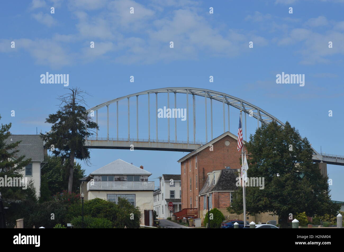 The Rt. 213 bridge rises above Chesapeake City, Maryland where it