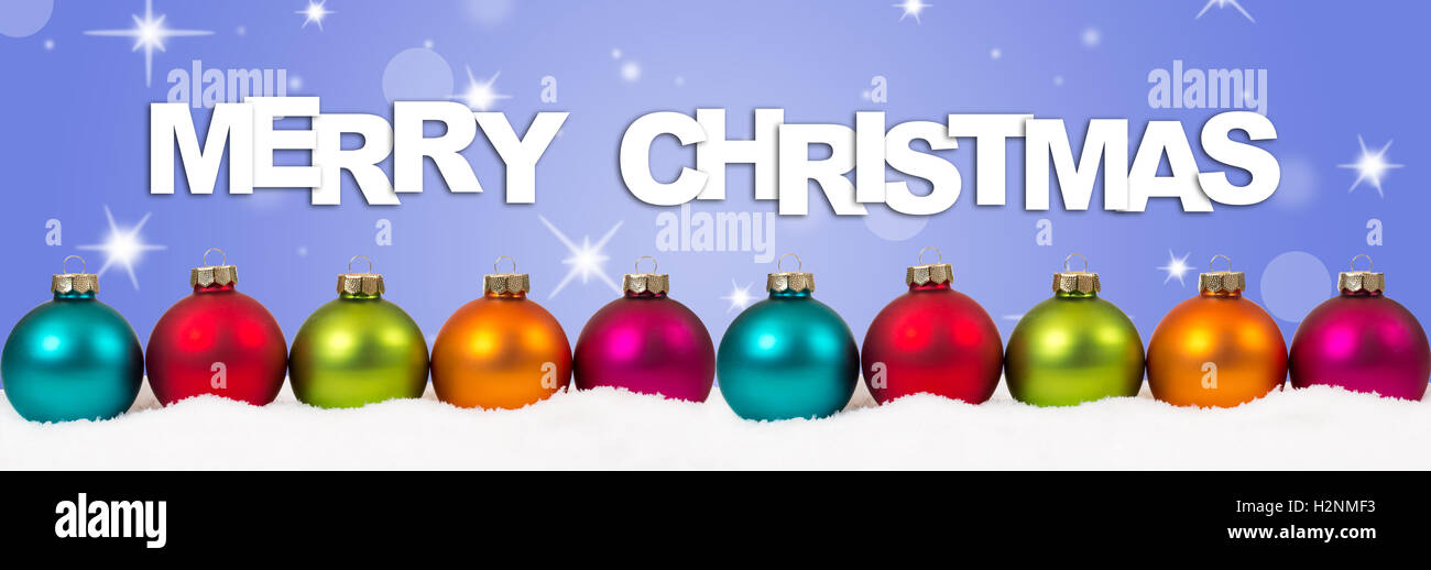 Merry Christmas colorful balls banner decoration stars background text Stock Photo