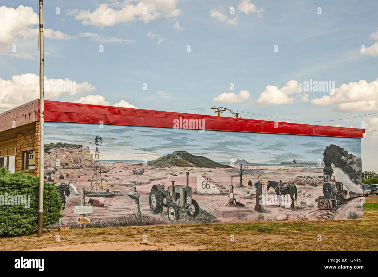 TUCUMCARI, NEW MEXICO - AUGUST 25, 2013:  Photo of a mural depicting Route 66 in the Land of Enchantment Stock Photo