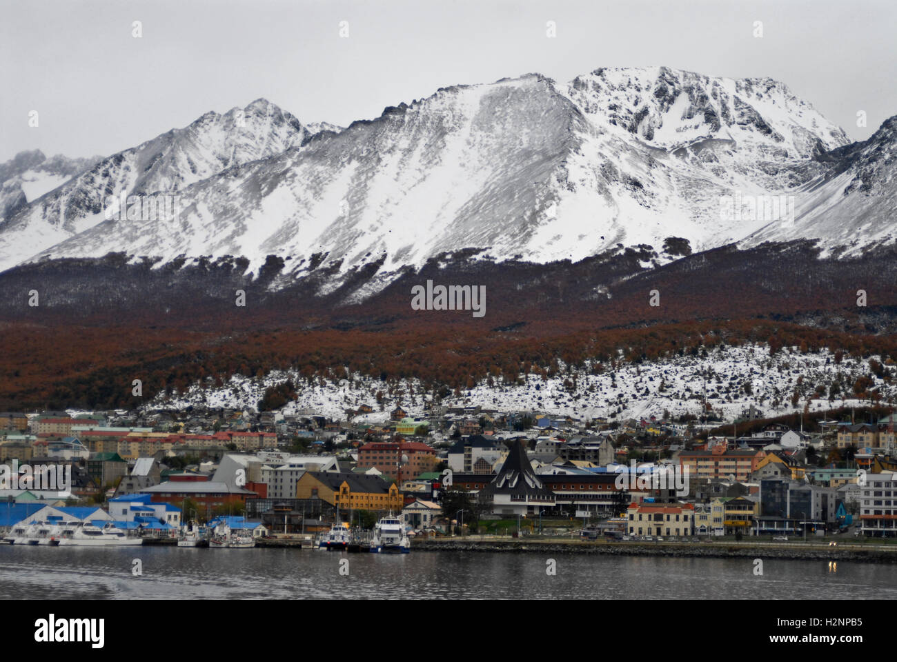 Ushuaia, panoramic view of the city from the sea. Tierra del Fuego, Argentina Stock Photo