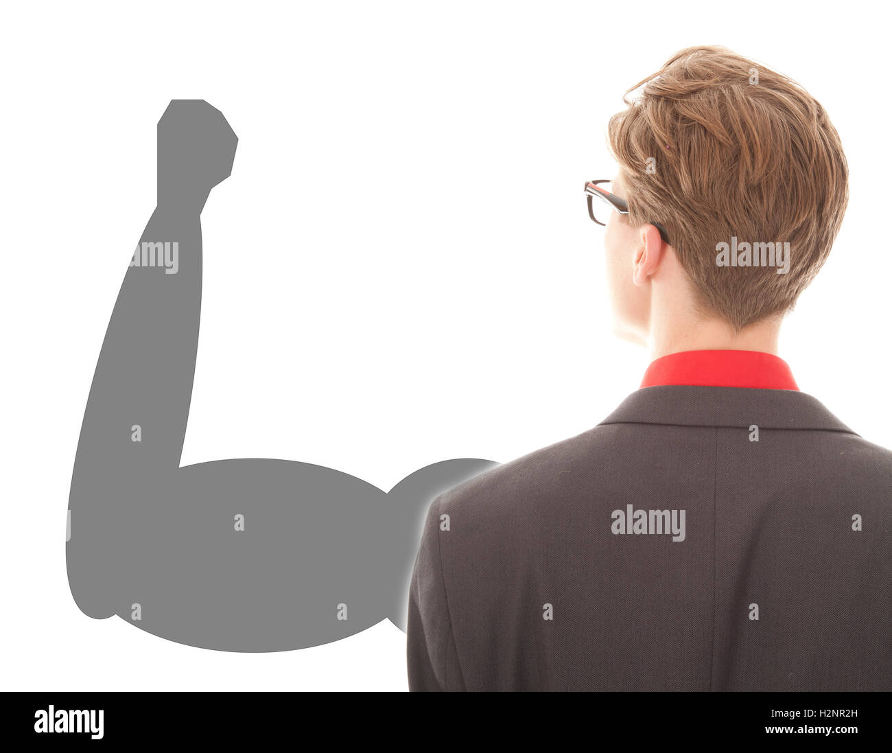 Young businessman with strong powerful arm on white background Stock Photo