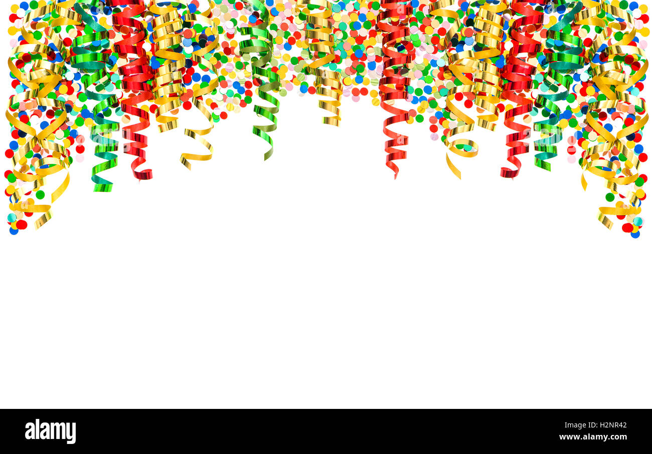 Colorful streamer and confetti on white background. Holidays border with carnival party serpentine decoration Stock Photo