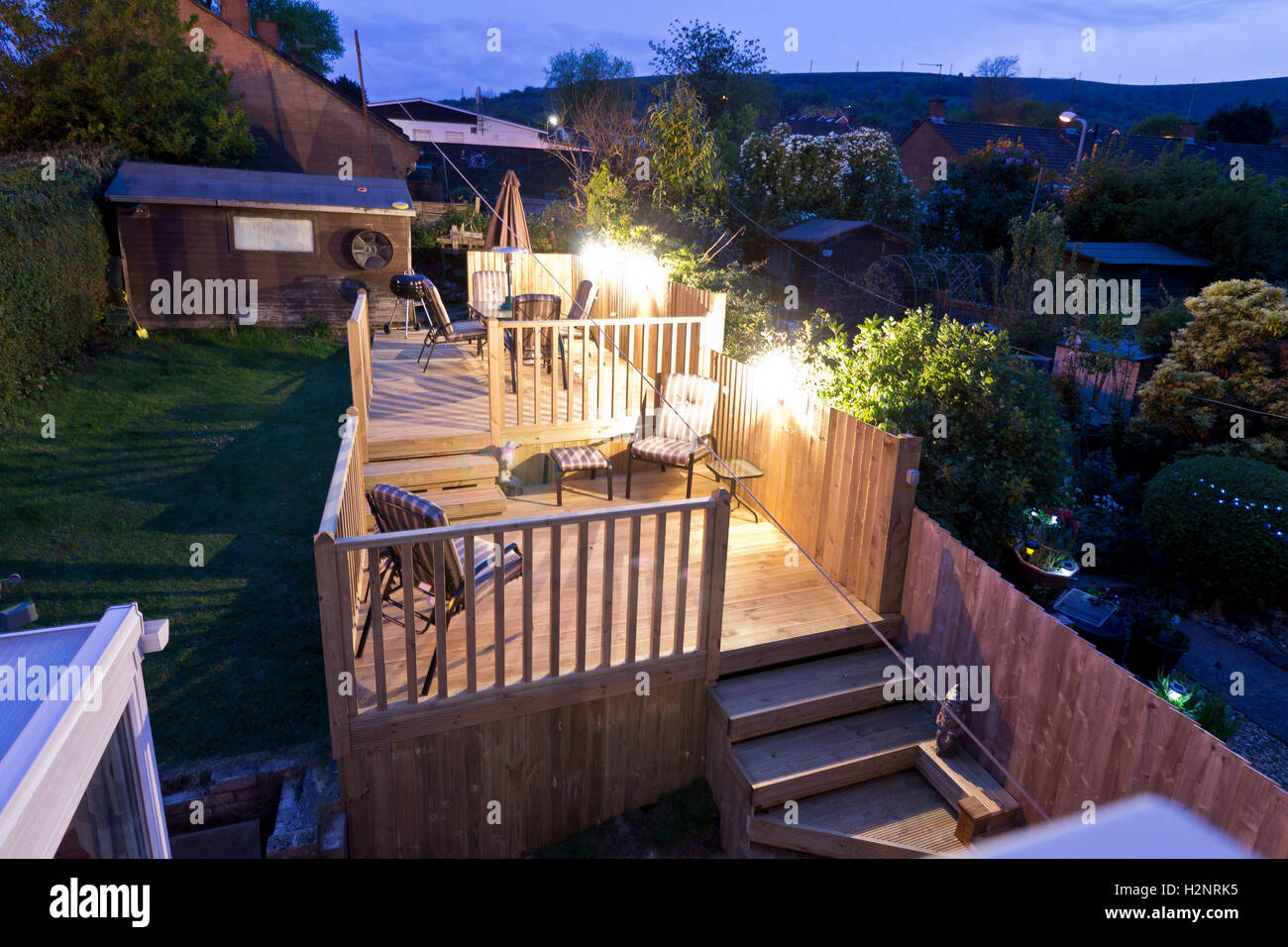 A newly built decking in a back garden in Cwmbran, Torfaen. Stock Photo