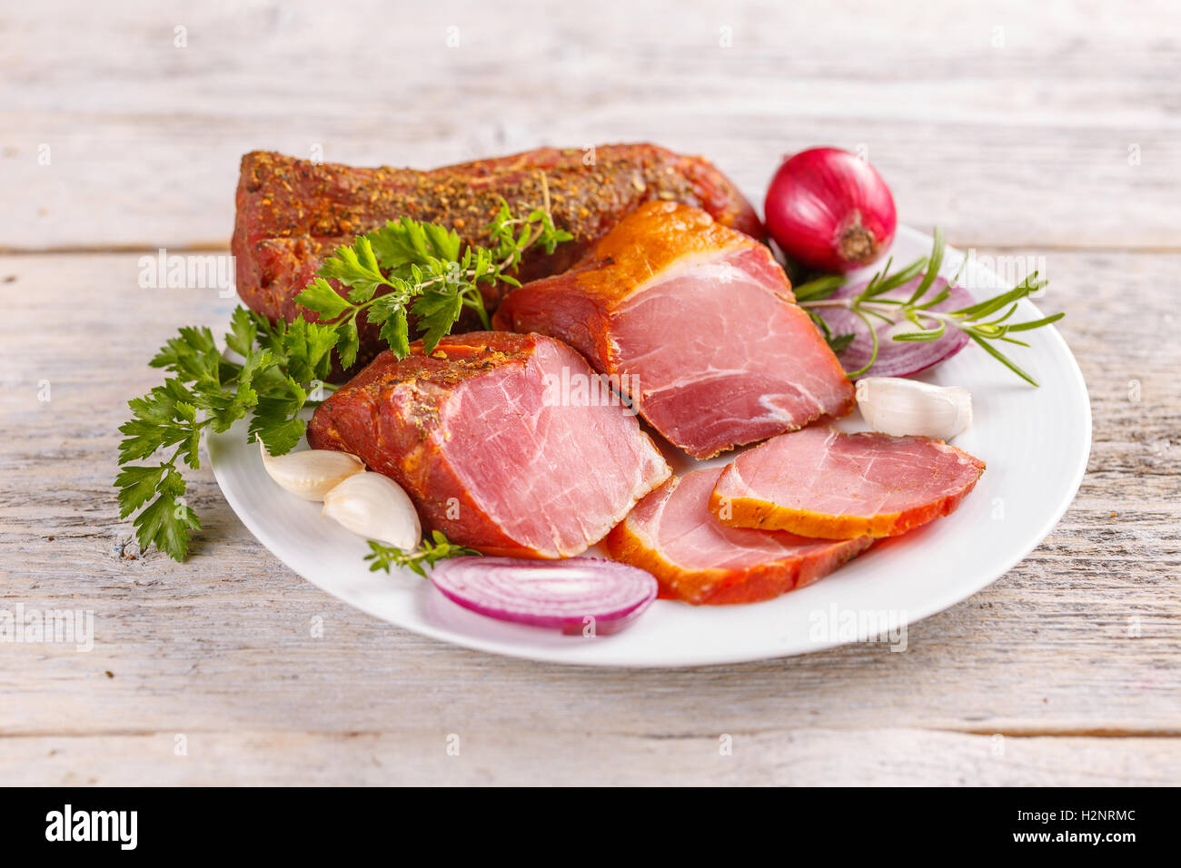 Smoked and spicy pork tenderloin, air dried Stock Photo