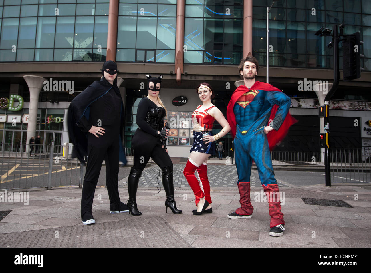 Team members of Cineworld dressed up to promote Batman V Superman opening weekend. Stock Photo