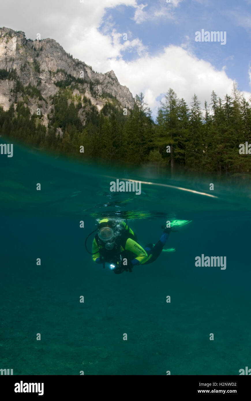 Diving in the Gruener See lake in Styria, Austria, Europe Stock Photo