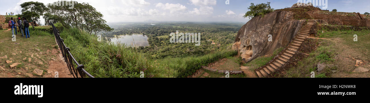 Sigiriya (the Lion Rock). Showing the Southern end of the top & the view to the south including the Sigirya tank / reservoir Stock Photo