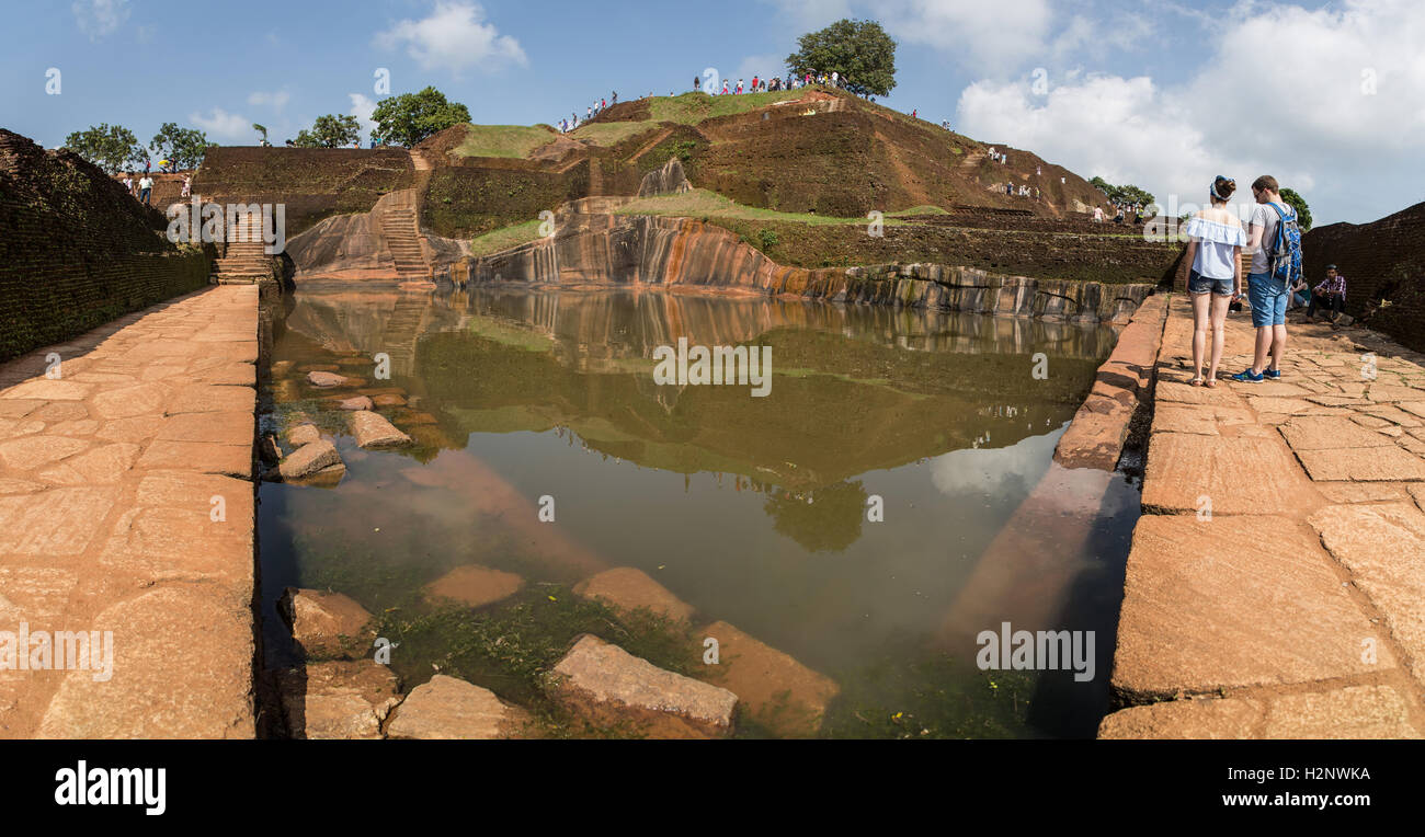 The main pool / reservoir at the top of Sigiriya (the Lion Rock). It is an ancient palace located in the central Matale District Stock Photo