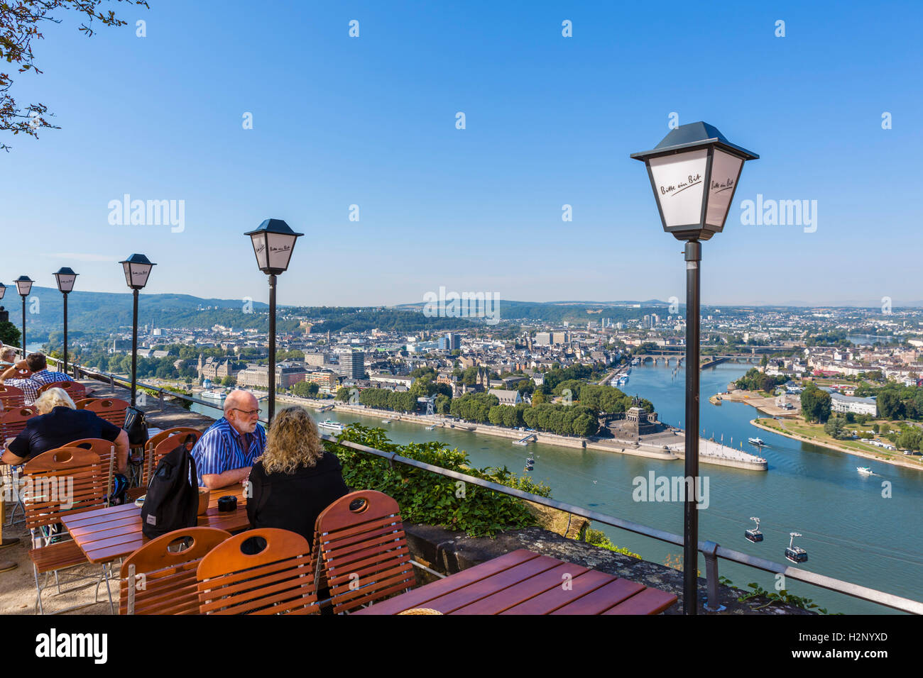 Rhine and Moselle rivers from Festung Ehrenbreitstein (Ehrenbreitstein Fortress), Koblenz, Rhineland-Palatinate, Germany Stock Photo