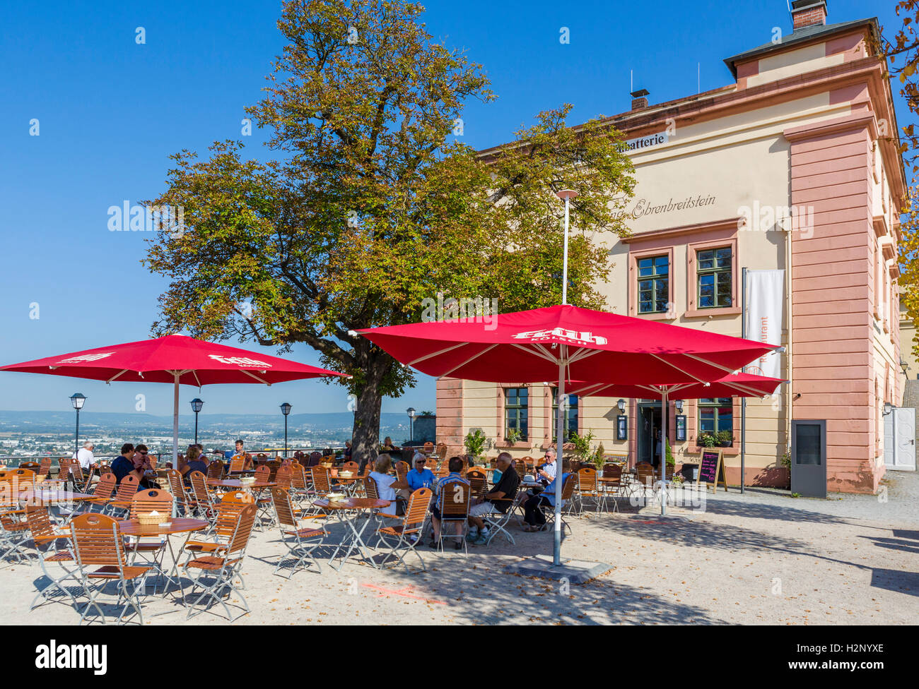 Cafe in the Festung Ehrenbreitstein (Ehrenbreitstein Fortress), Koblenz, Rhineland-Palatinate, Germany Stock Photo