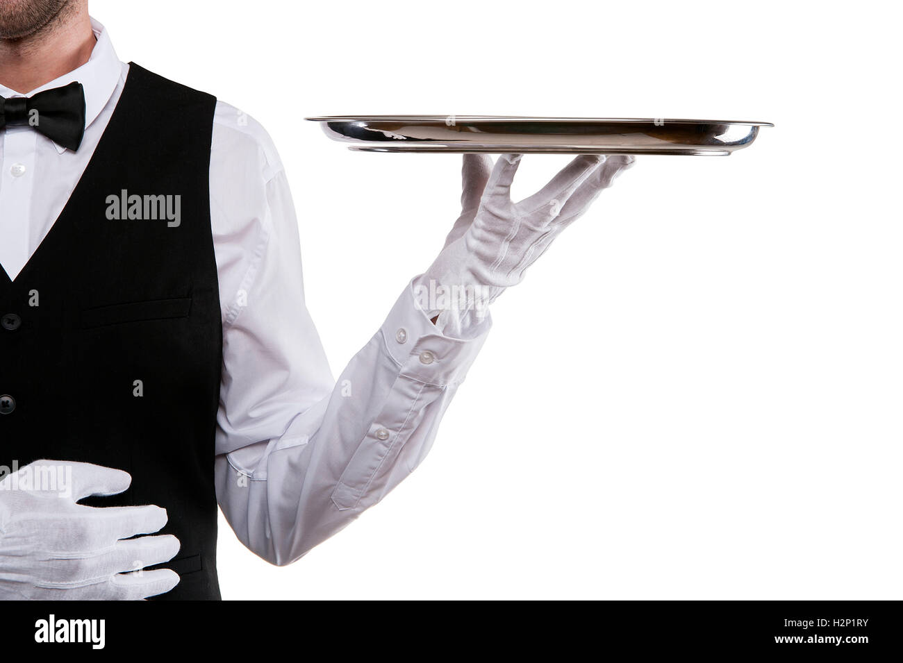 Waiter arm holding tray over white background. Stock Photo