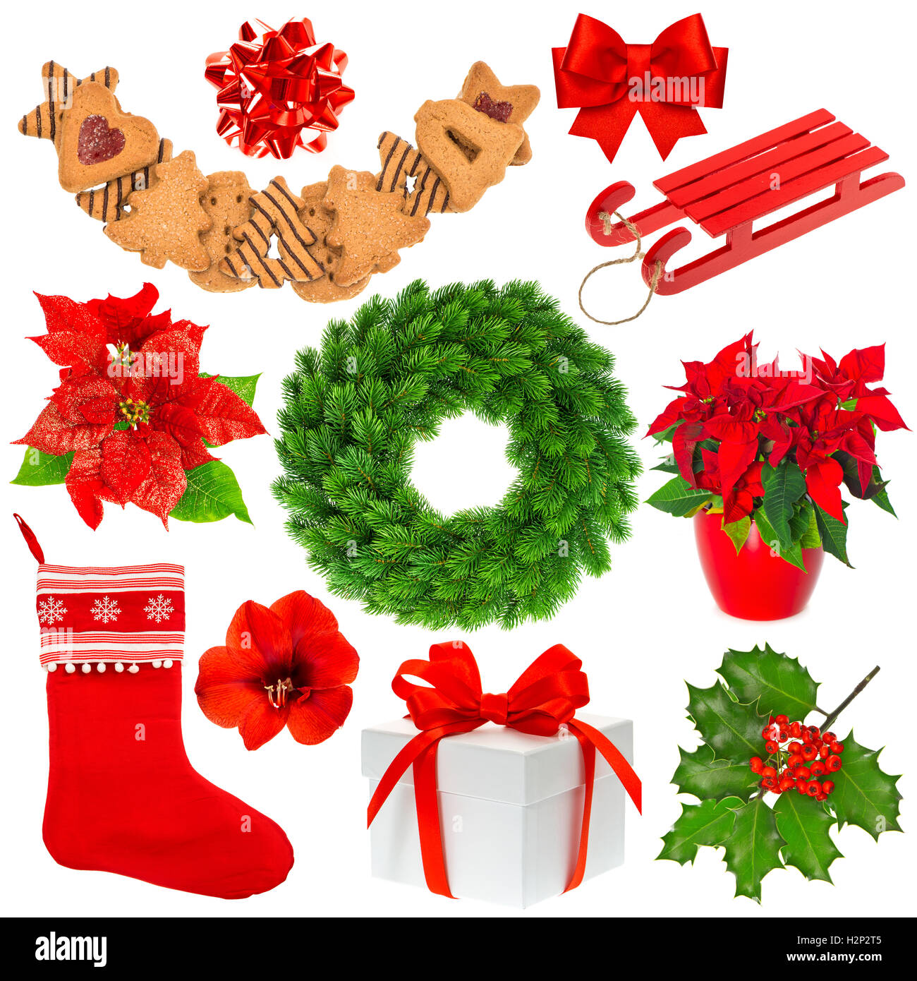 Christmas collection isolated on white background. Stocking, gifts, wreath, cookies Stock Photo