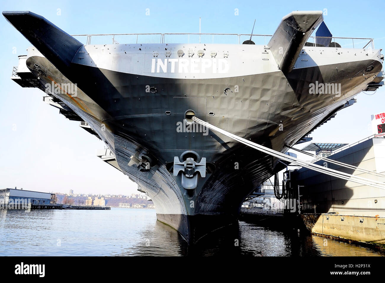 Aircraft carrier USS Intrepid Sea, Air & Space Museum located on the West side of Manhattan on Pier 86, 12th Ave. & 46th Street - NYC Stock Photo