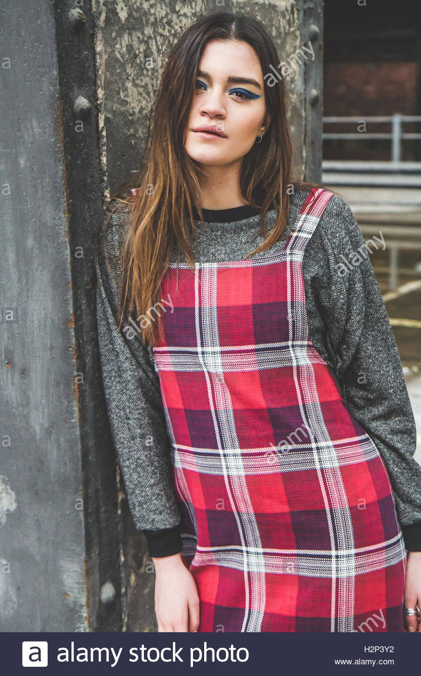 red check pinafore dress