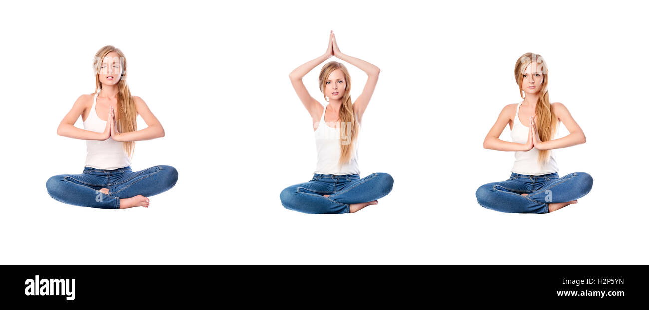Set of portraits. Young woman meditating in pose of lotus isolated on ...