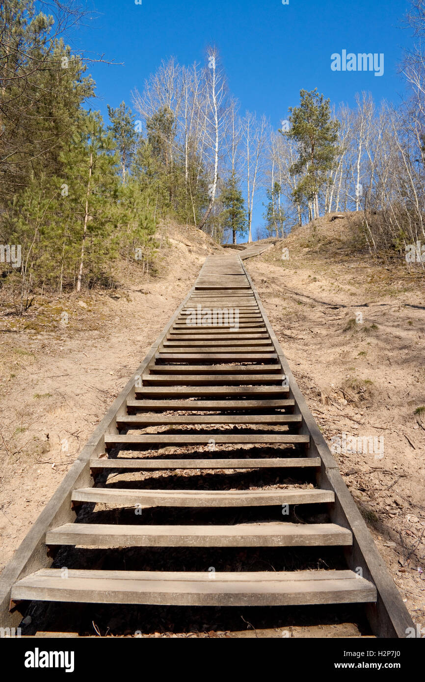 Wooden stairs in Kalnai Park (Park of Hills) leading to Three Crosses hill in Vilnius, Luthuania Stock Photo