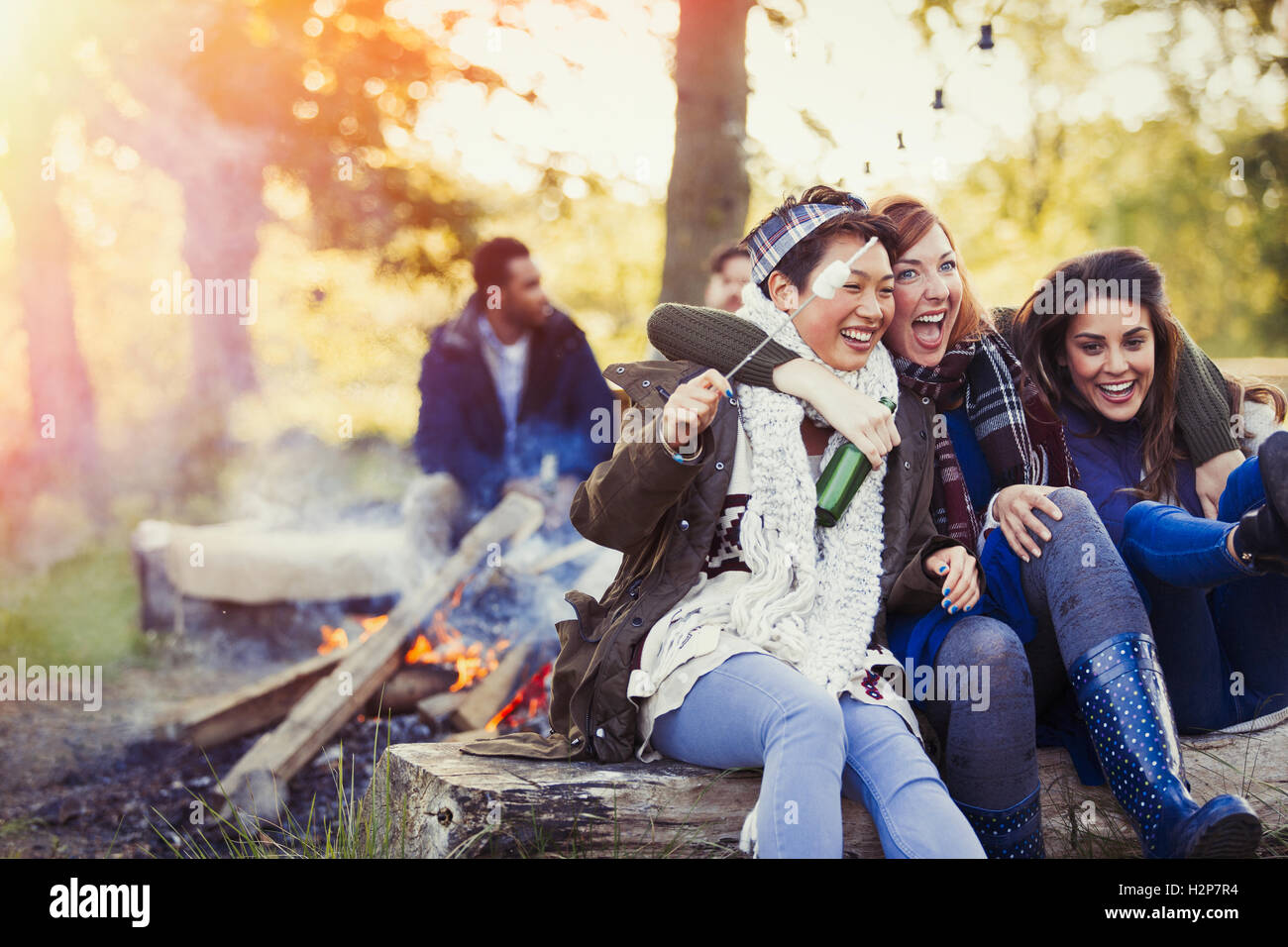 Friends laughing roasting marshmallows at campfire Stock Photo