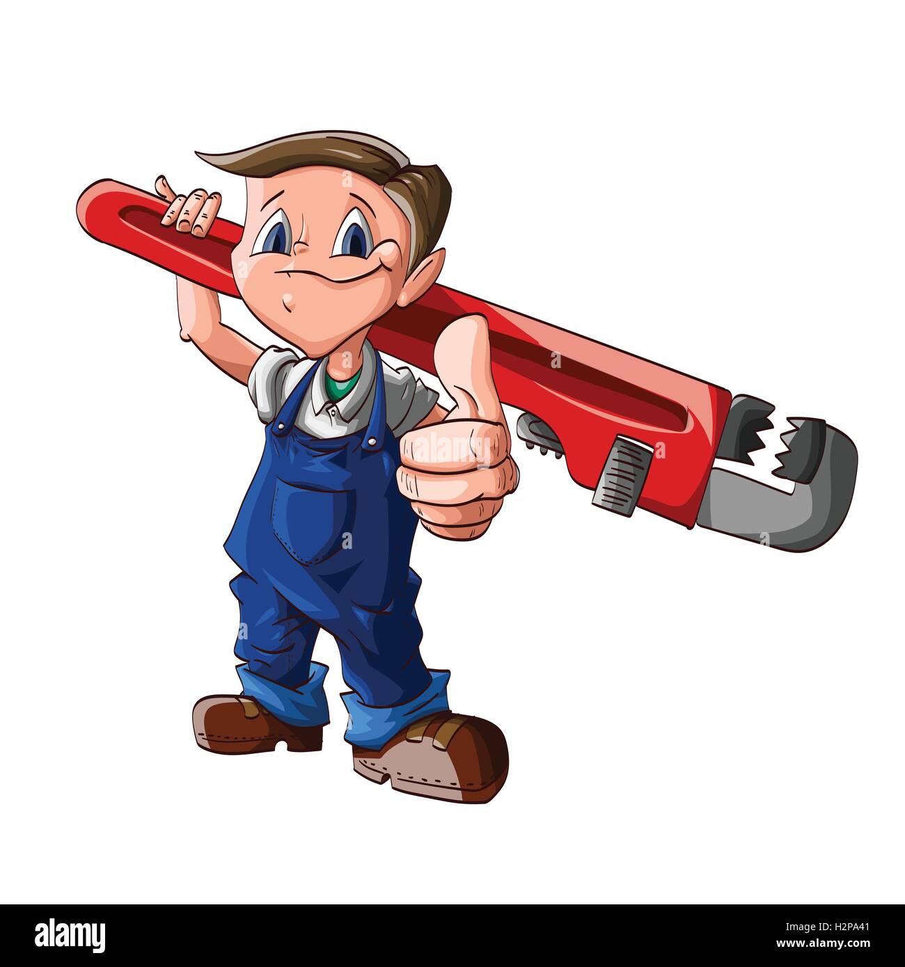 Colorful vector illustration of a cartoon cute plumber boy, with a huge wrench on his shoulder, blue jumpsuit and white shirt Stock Vector
